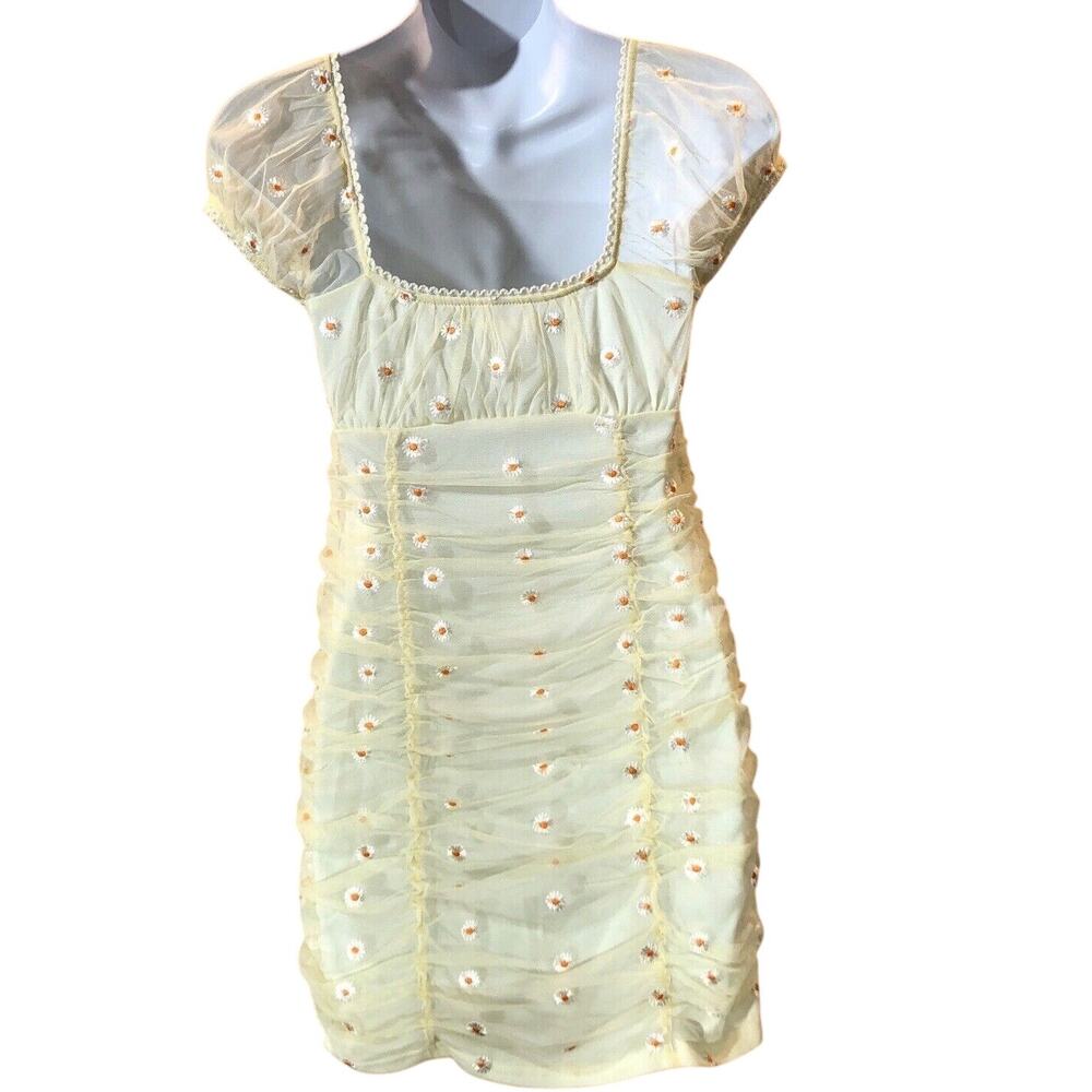 Yellow Daisy Ruched Mesh Mini Dress Small NEW Coquette Cottagecore Y2K FairyCore - Picture 6 of 12
